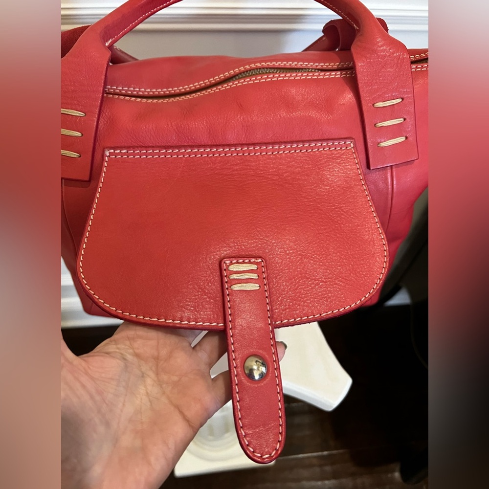 Brick-Color, Rolled Handles, Leather Large Satchel Zipper Tote Bag. - Picture 14 of 17